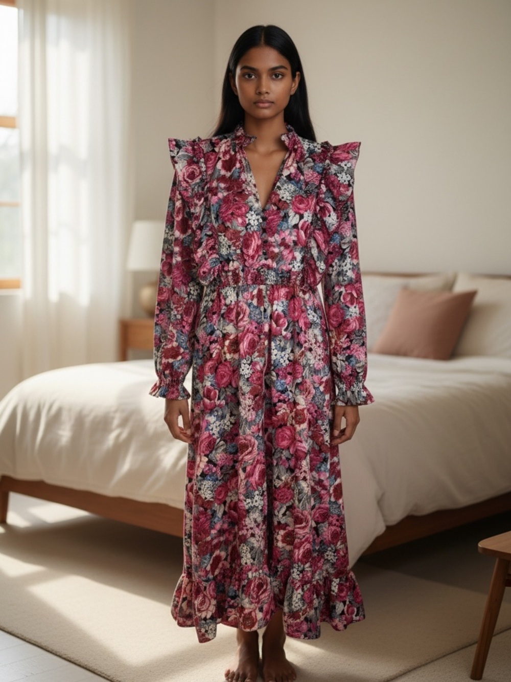 Aly  Daly Women’s Ruffled Pink Roses Liberty Floral Midi Dress